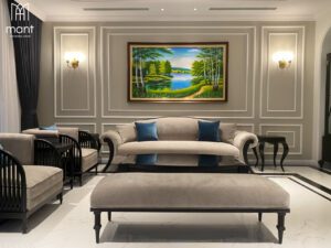 ghế sofa gỗ đơn giản bọc nỉ tông nâu cao cấp cho liền kề tại hà nội