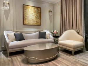 sofa và bàn trà tông nâu be sang trọng cho chung cư cao cấp Times City được thiết kế và thi công bởi Mant Interior Center