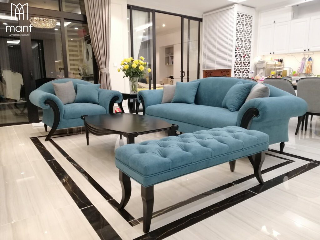 bộ sofa bọc nỉ tông xanh cho chung cư 